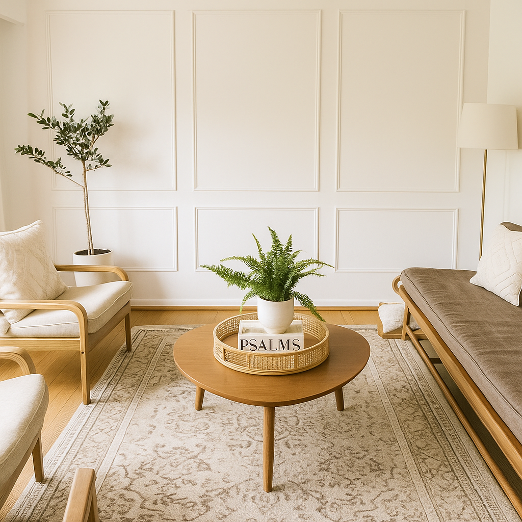 Boho beige wall molding panel in modern living room – Ulu Boheme
