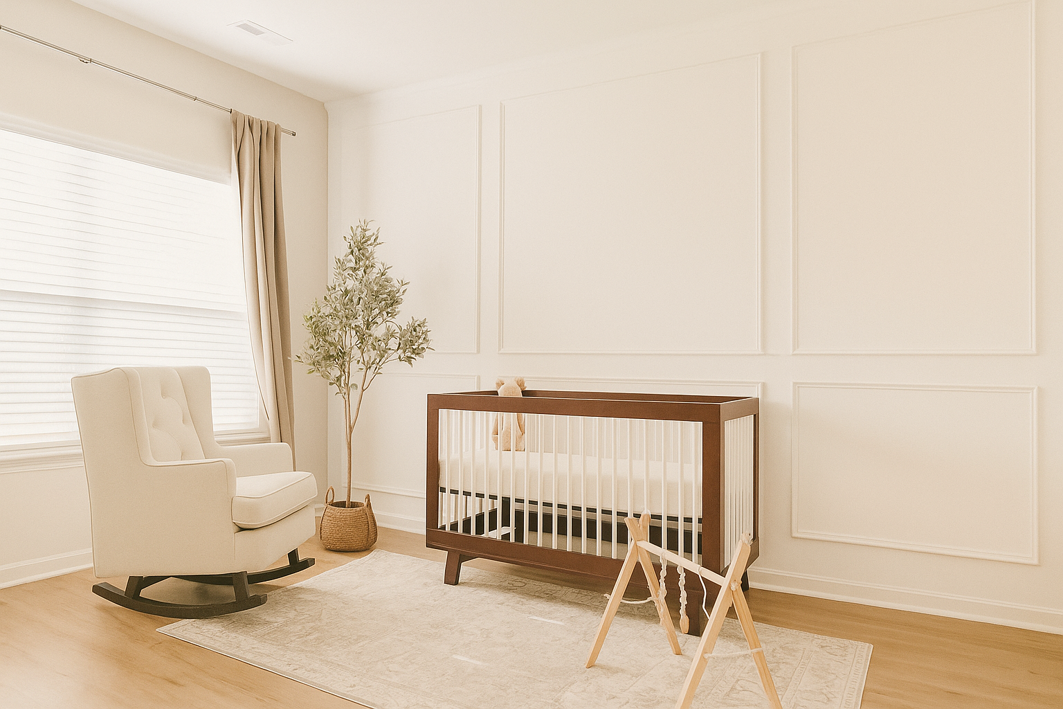 Boho beige wall molding panel in modern natural nursery – Ulu Boheme
